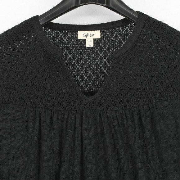 Style & Co Womens Plus Crochet Split V-Neck Long Sleeve Elastic Cuffs Top Black - Picture 5 of 8